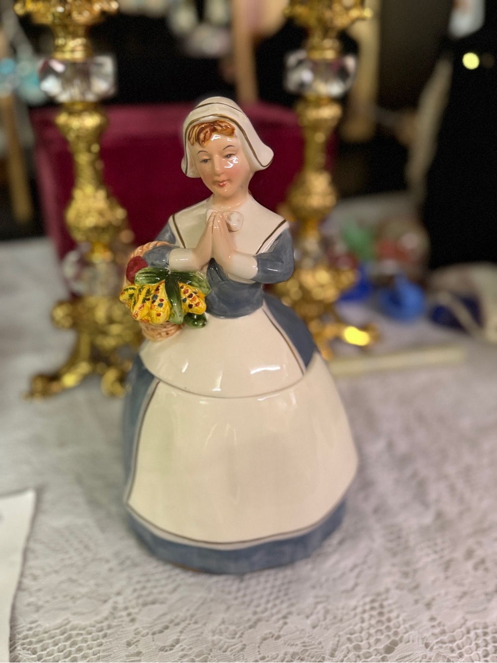 Vintage Porcelain Colonial Lady Figurine / Covered Dish with Flower Basket